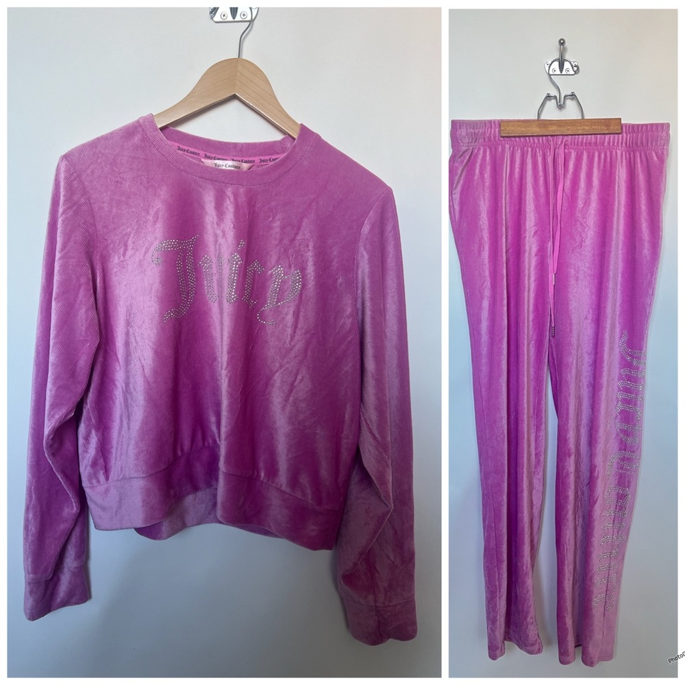 Juicy Couture Ribbed Velour Tracksuit Set XL Pink Rhinestone Logo‎ Crewneck Set